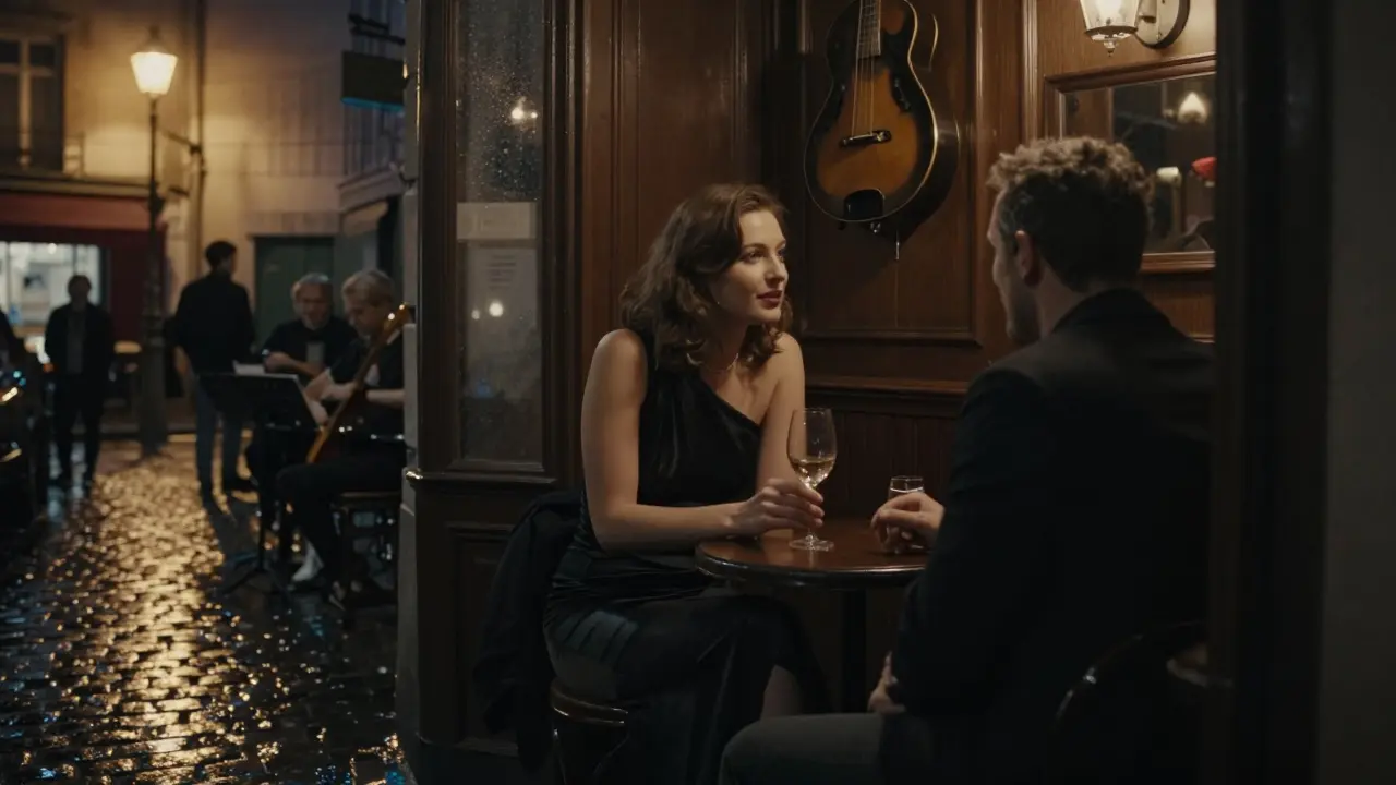 Eine Frau unterhält sich in einer versteckten Jazz-Bar in Montmartre bei Nacht.