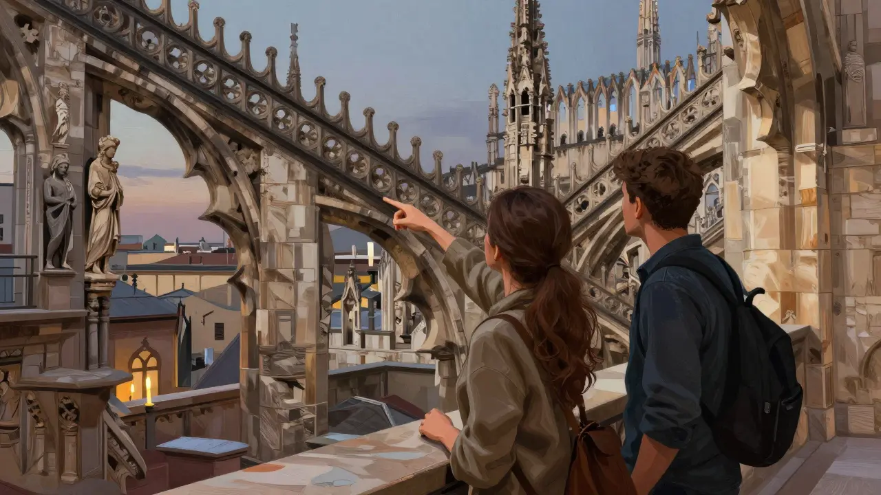 Eine Frau zeigt einem Mann die Skulpturen auf dem Dach des Mailänder Doms.