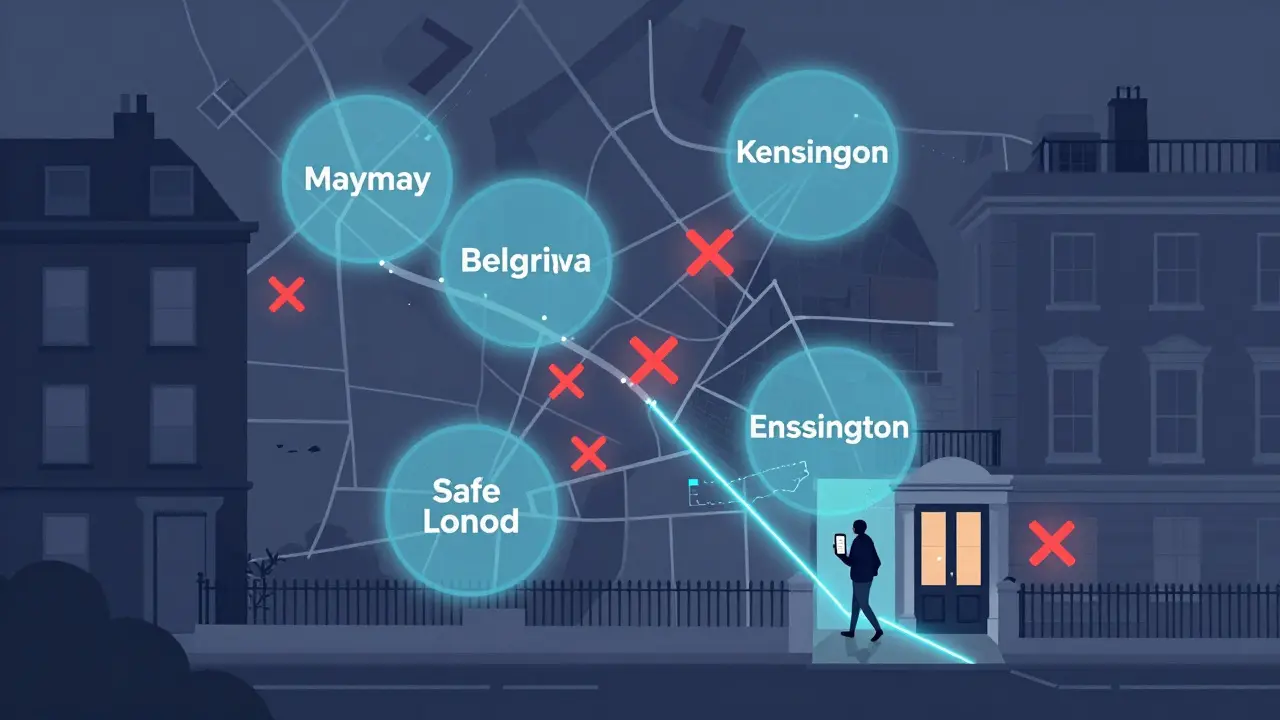 Eine Karte von London zeigt sichere Treffpunkte in Blau und gefährliche Orte mit roten Xs.