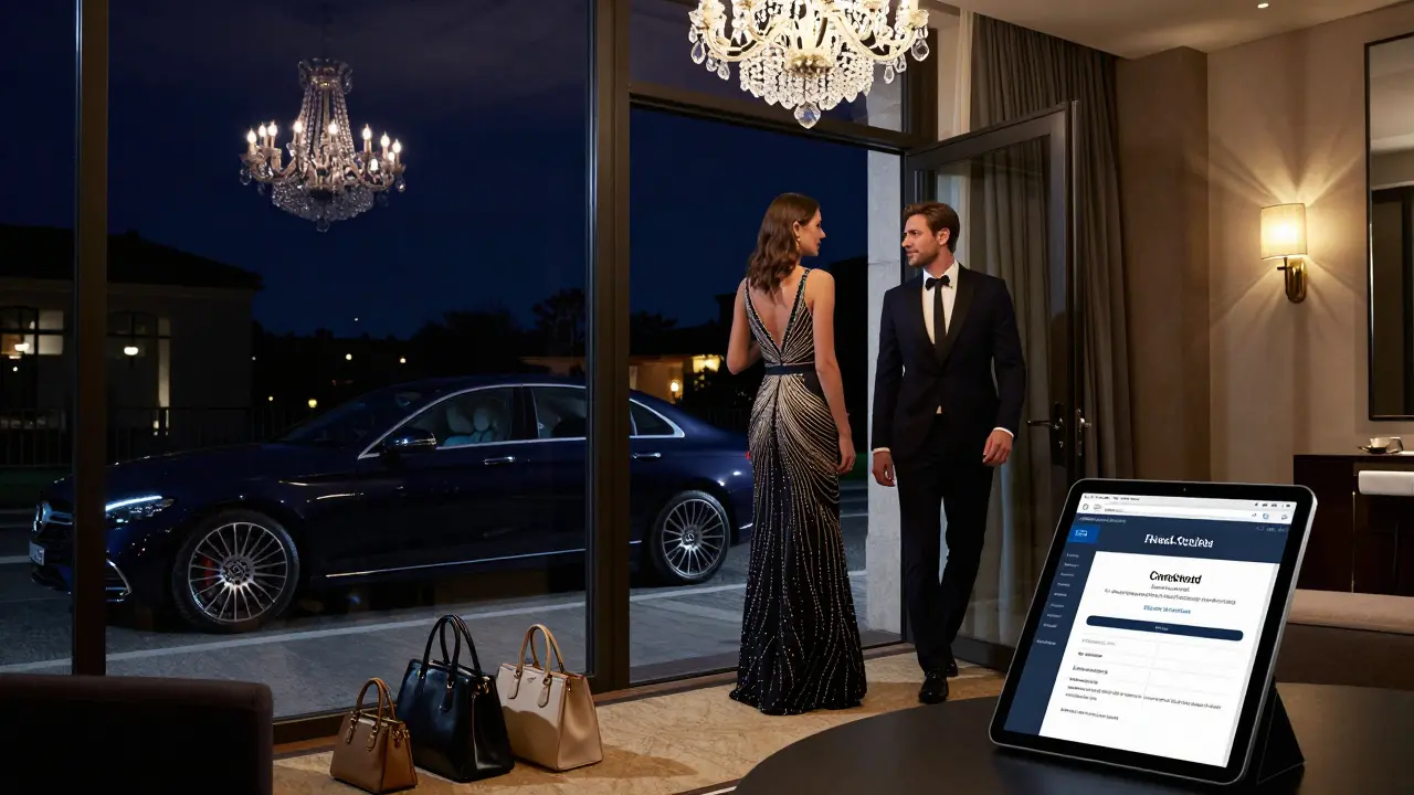 Eine luxuriöse Begleiterin in Abendkleid bereitet sich mit einem Gast auf einen Gala-Abend in einem Mailänder Hotel vor.