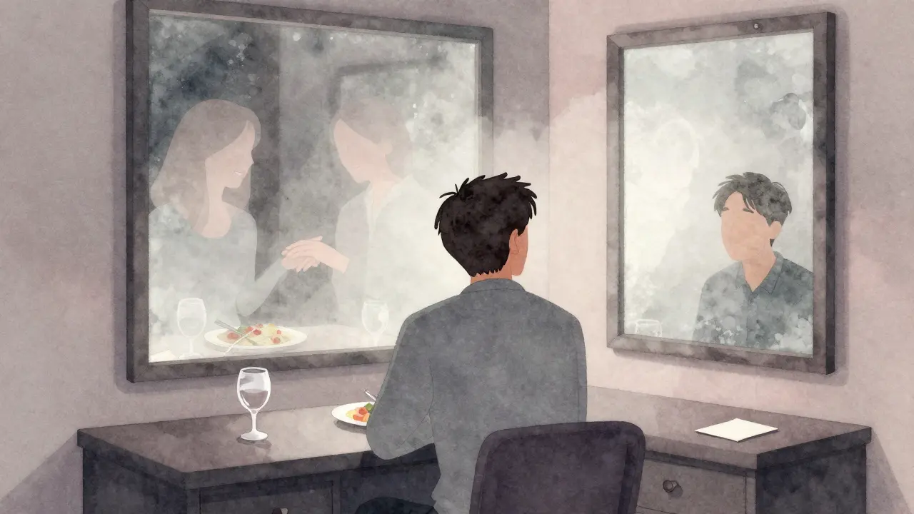 Eine Person vor einem beschlagenen Spiegel, flüchtige Umrisse einer Frau und gemeinsamer Momente dahinter, symbolisch für vergängliche Zuneigung.