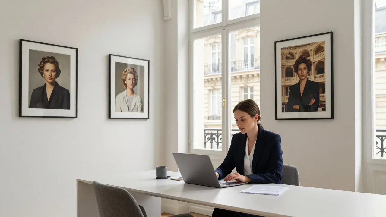 Eine professionelle Frau arbeitet diskret in einem stilvollen Büro in Paris.