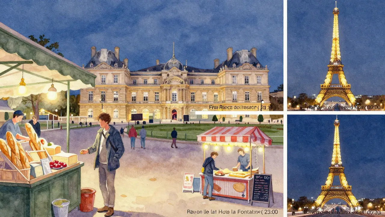 Eine Reisende genießt eine günstige Paris-Nacht: Markt, Konzert, Crêpe und Lichter des Eiffelturms.