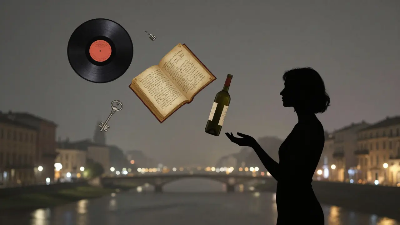 Eine stilisierte Silhouette, zusammengesetzt aus kulturellen Symbolen wie Weinflasche, Schallplatte und Buch, in einer nebligen Mailänder Nacht.