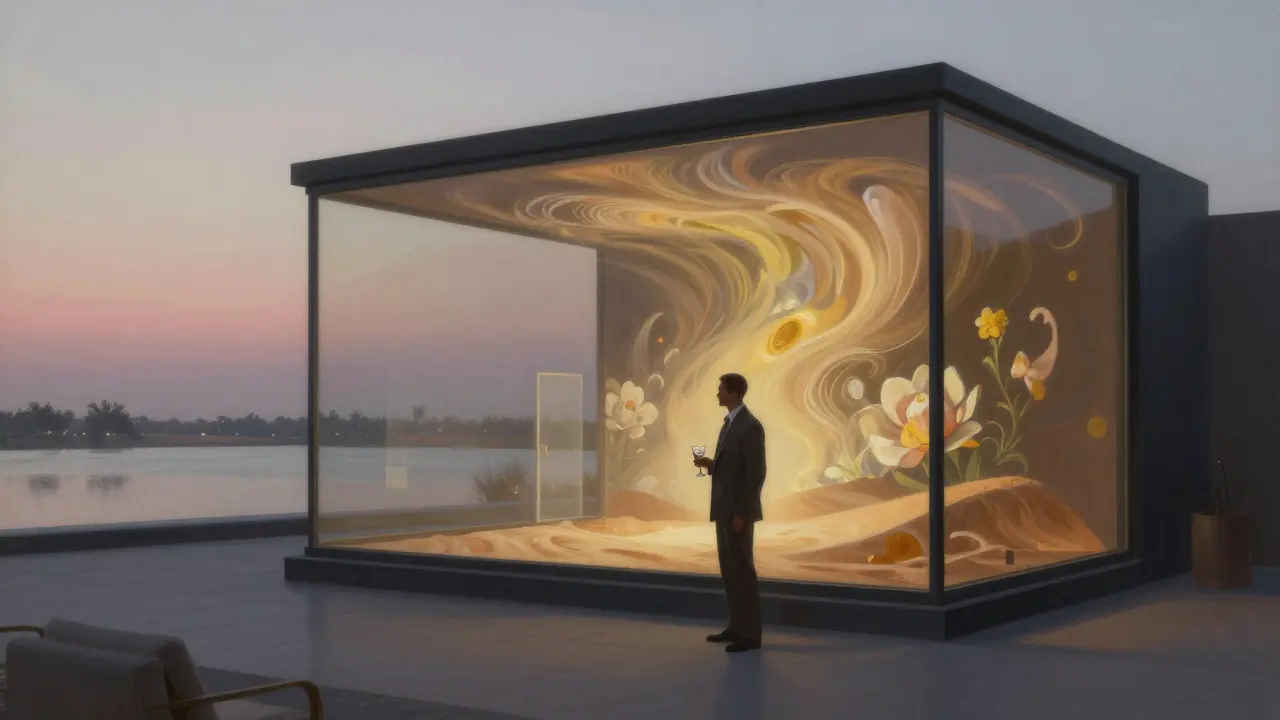 Einsamer Gast auf einem Rooftop mit digitaler Projektion von Wüstenblumen bei Morgenlicht.