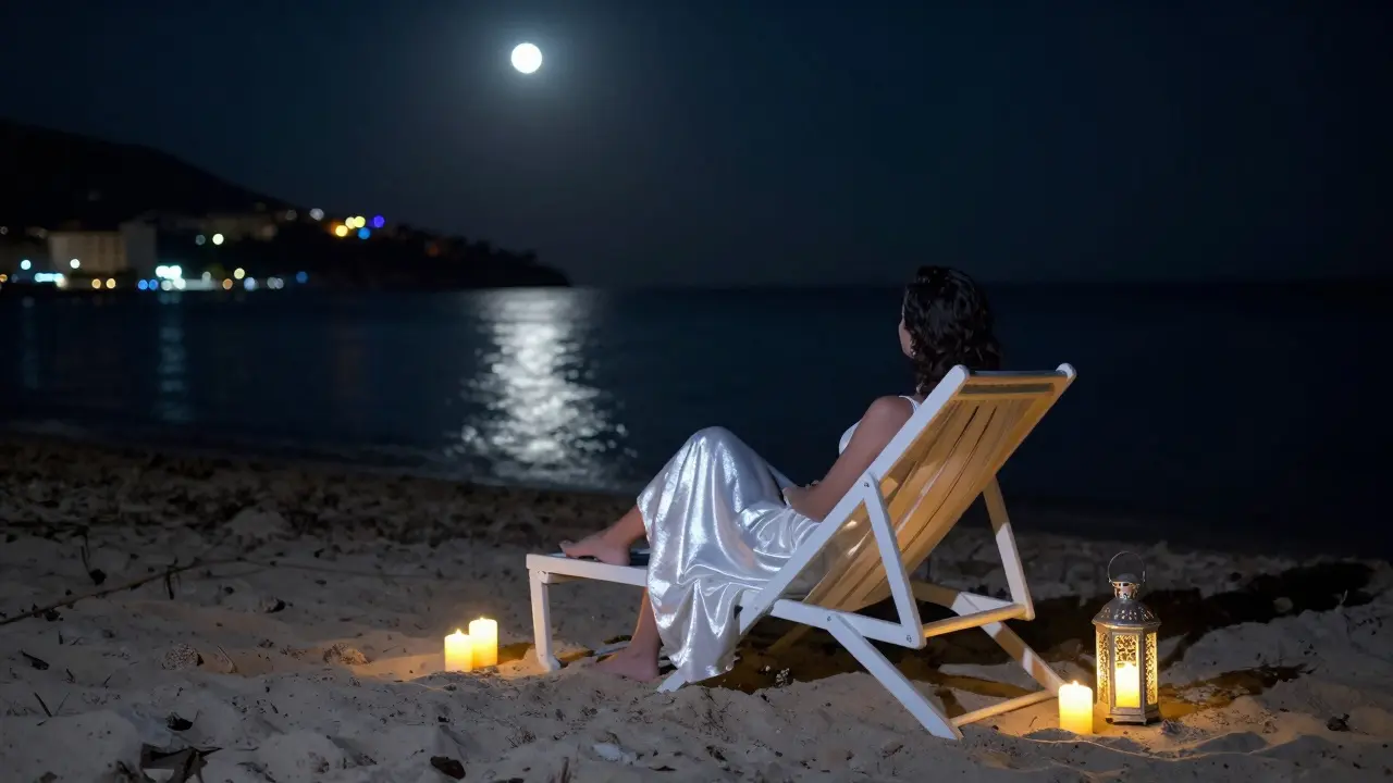 Einzelne Person sitzt mit Rücken zur Kamera am Strand von Club 55, Mondlicht und Kerzenlicht beleuchten die Szene.