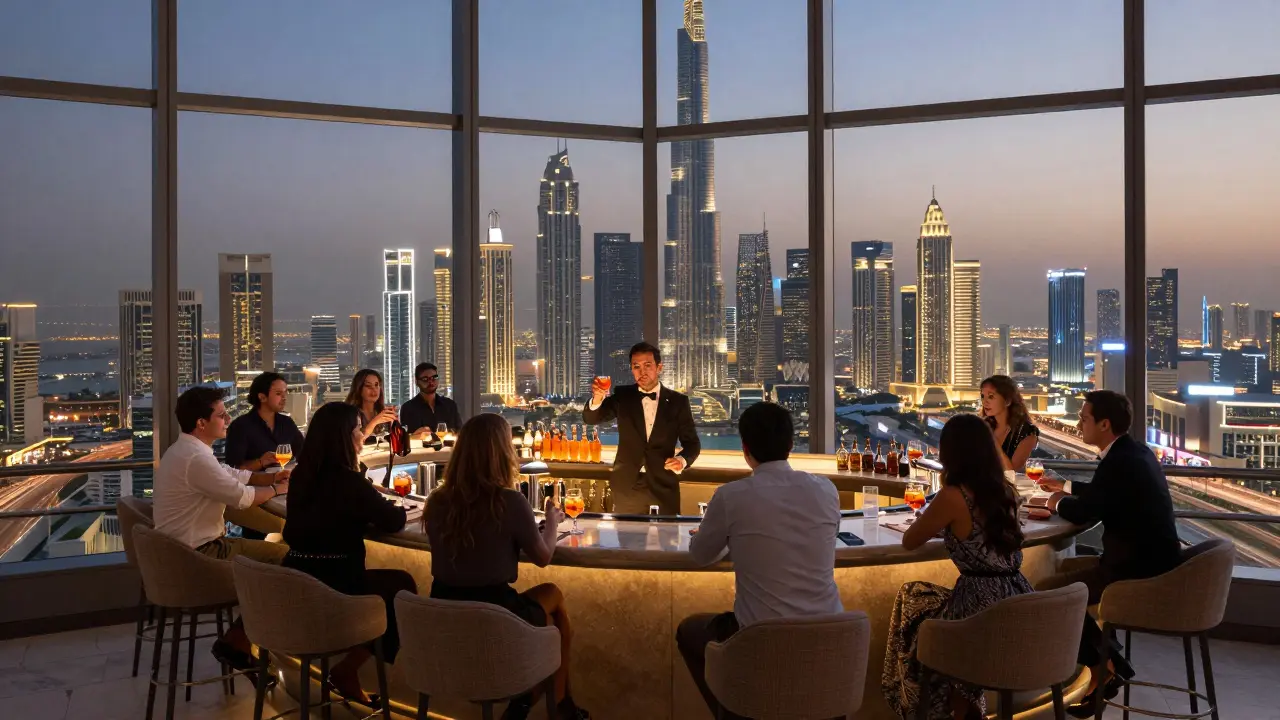 Elegant guests at a high-rise bar overlooking Dubai’s skyline at dusk, sipping crafted cocktails with panoramic city views.