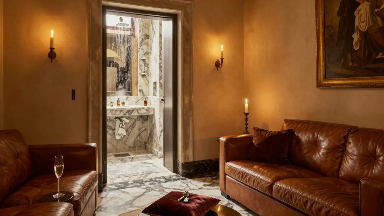 Exklusive Suite im Palazzo dei Sogni mit Marmor, Leder und Dampf aus einer Regendusche in goldenem Licht.