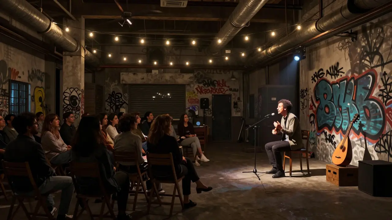 Experimentelles Theater in einer Industriehalle mit einzelner Lichtquelle und Zuschauern in stiller Aufmerksamkeit.