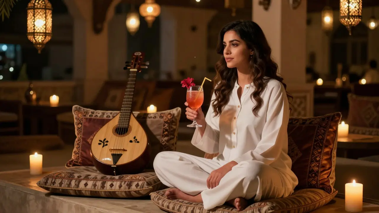 Frau in einer gemütlichen, kerzenbeleuchteten Lounge mit arabischer Jazz-Musik und Hibiskus-Cocktail.