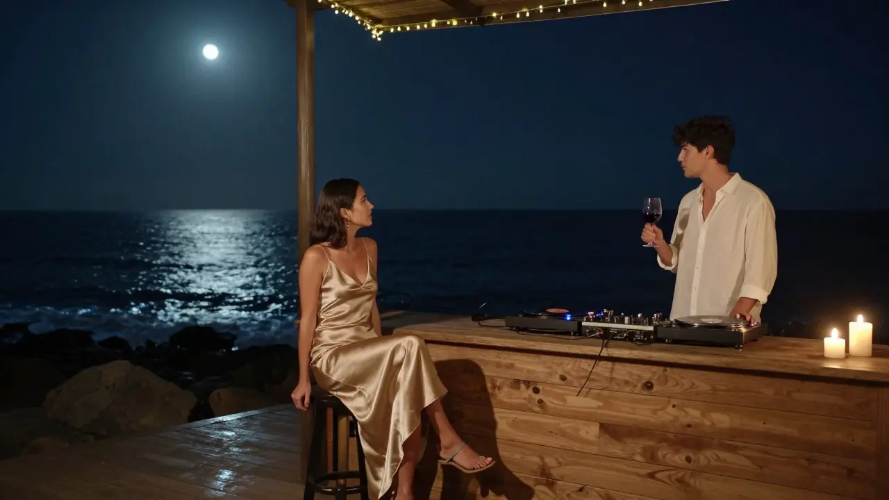 Frau in fließendem Kleid am Meer, Mondlicht, DJ mit Vinylplatten, stille Nachtatmosphäre am Blue Bay.