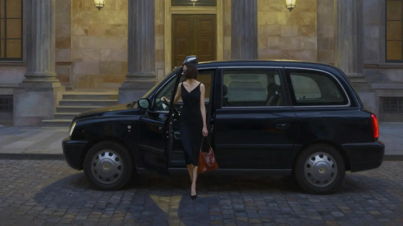 Frau verlässt nachts das Pergamonmuseum, nur Schatten und Stille.