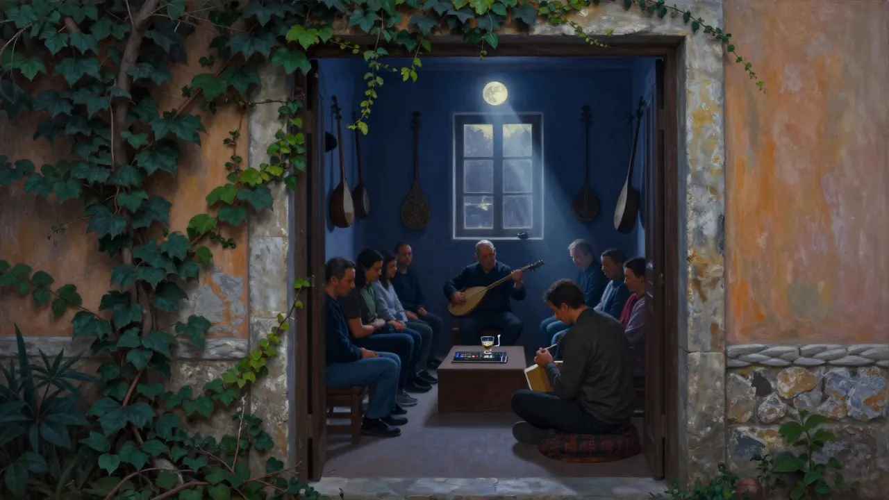 Geheimer Ort in Kadıköy mit Musikern, die türkische Volksmusik mit modernen Beats spielen, in stummer, intensiver Atmosphäre.