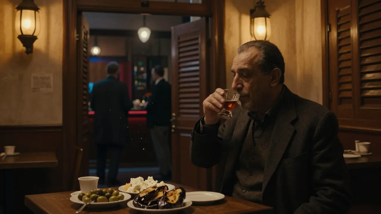 Gemütliches türkisches Kaffeehaus in Beyoğlu mit Mann, der Raki trinkt, Mezze auf dem Tisch und ferner Club-Beleuchtung.