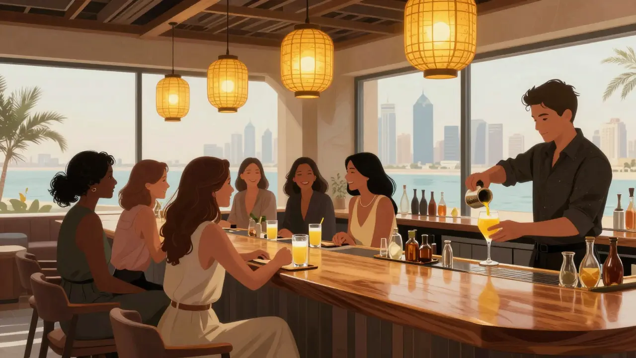 Gruppe von Frauen in einer stilvollen Bar mit japanischem Design, die einen Sake-Cocktail genießen.