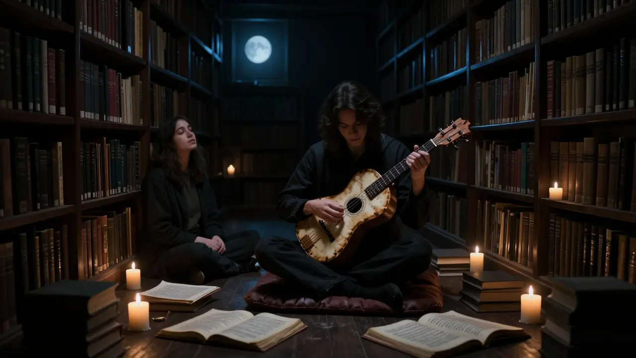 In der British Library nachts: Eine Person sitzt in Stille, während ein Musiker aus alten Büchern ein Instrument spielt.