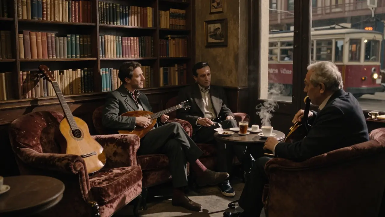 Intimate jazz bar in Beyoğlu with vintage furniture, live Bağlama music, and dim amber lighting.