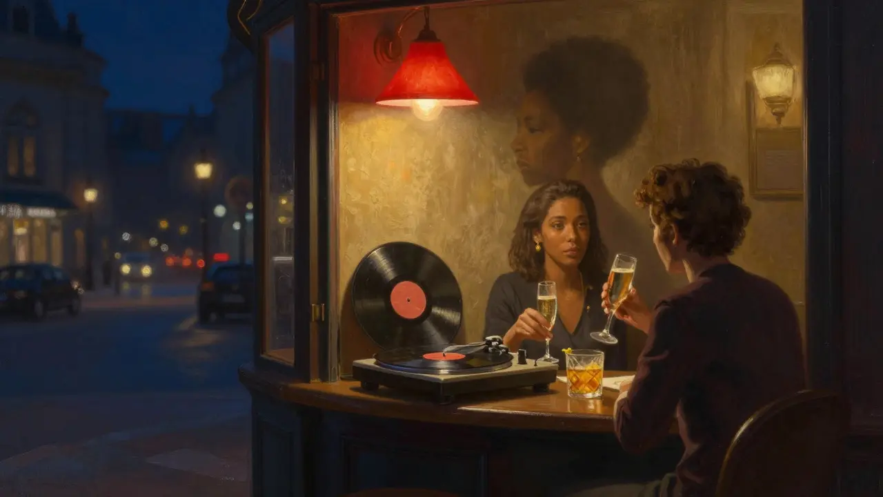 Kleine versteckte Bar Le Roi Soleil mit roter Lampe, Vinyl-Platte und zwei Gästen bei Champagner.