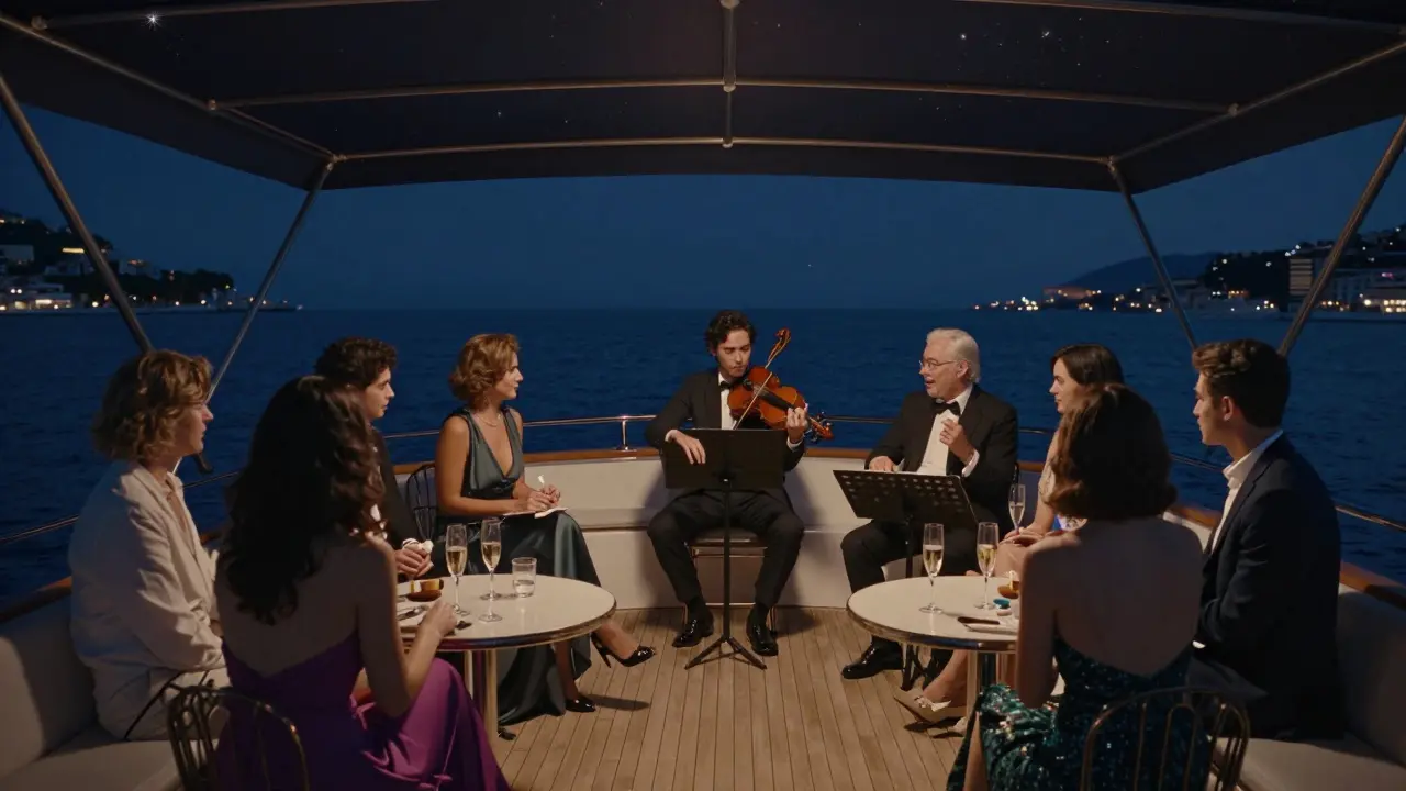 Kleinere Gruppe auf einer Yacht, Live-Quartett spielt unter Sternen, Champagnergläser im Mondlicht, diskrete Eleganz.
