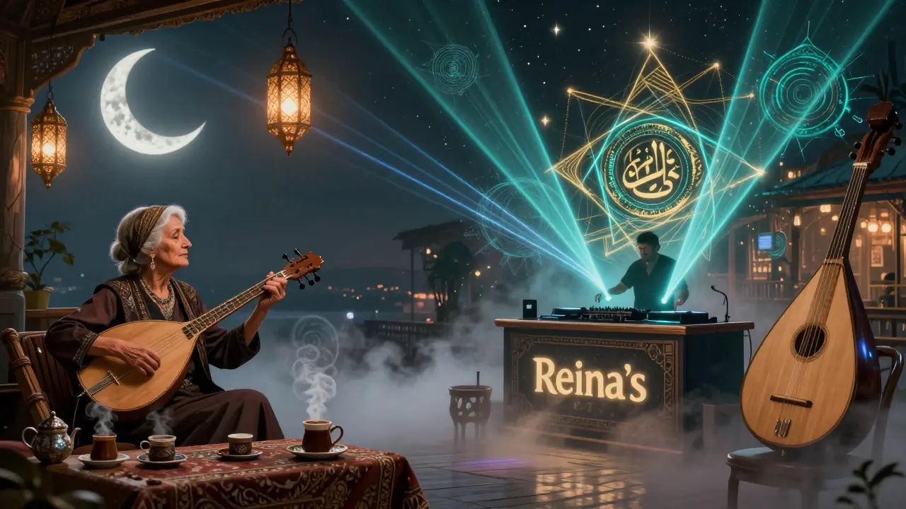 Künstlerische Doppelszene: Traditionelle Saz-Musik links, elektronischer Club-Beat rechts — Fusion von osmanischer und moderner Kultur.