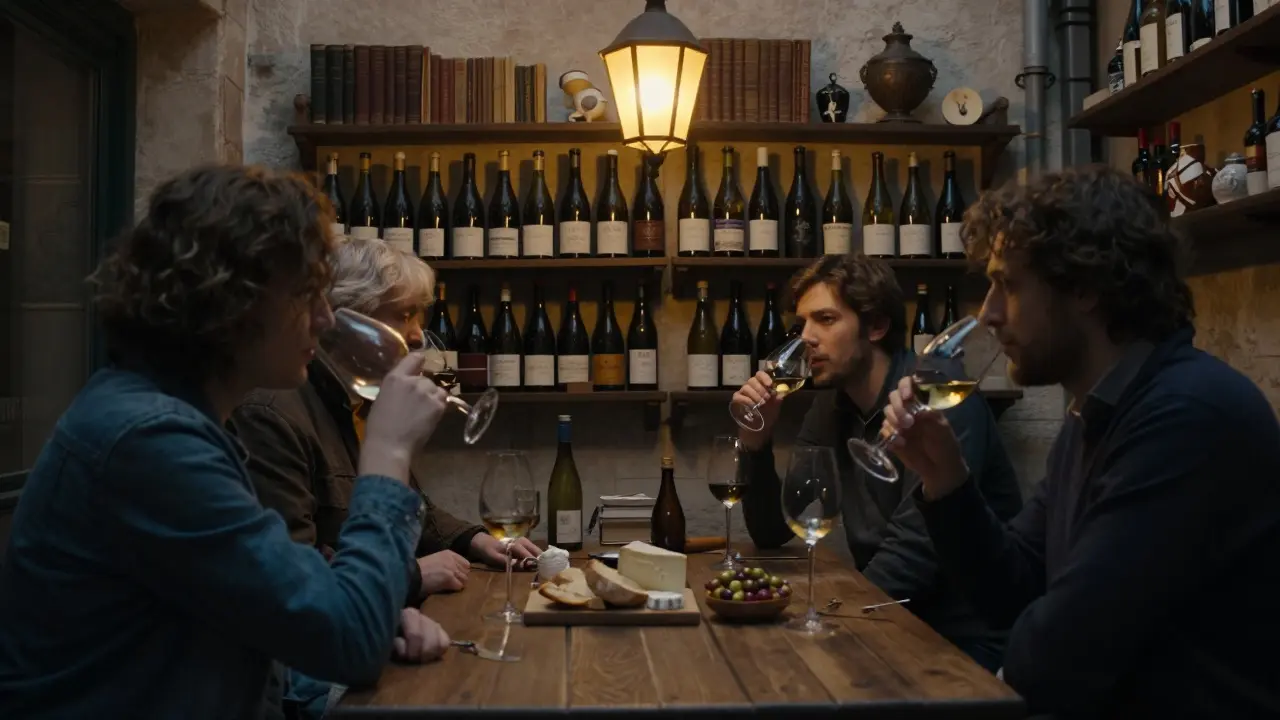 Lokale besuchen eine kleine Weinstube in Le Marais mit natürlichen Weinen, Brot und Käse auf holzigen Tischen.