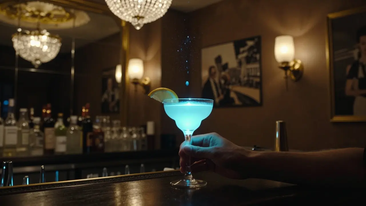 Mensch hebt ein leuchtendes Getränk in La Perle, blaues Licht fällt auf das Gesicht, goldene Spiegel im Hintergrund.