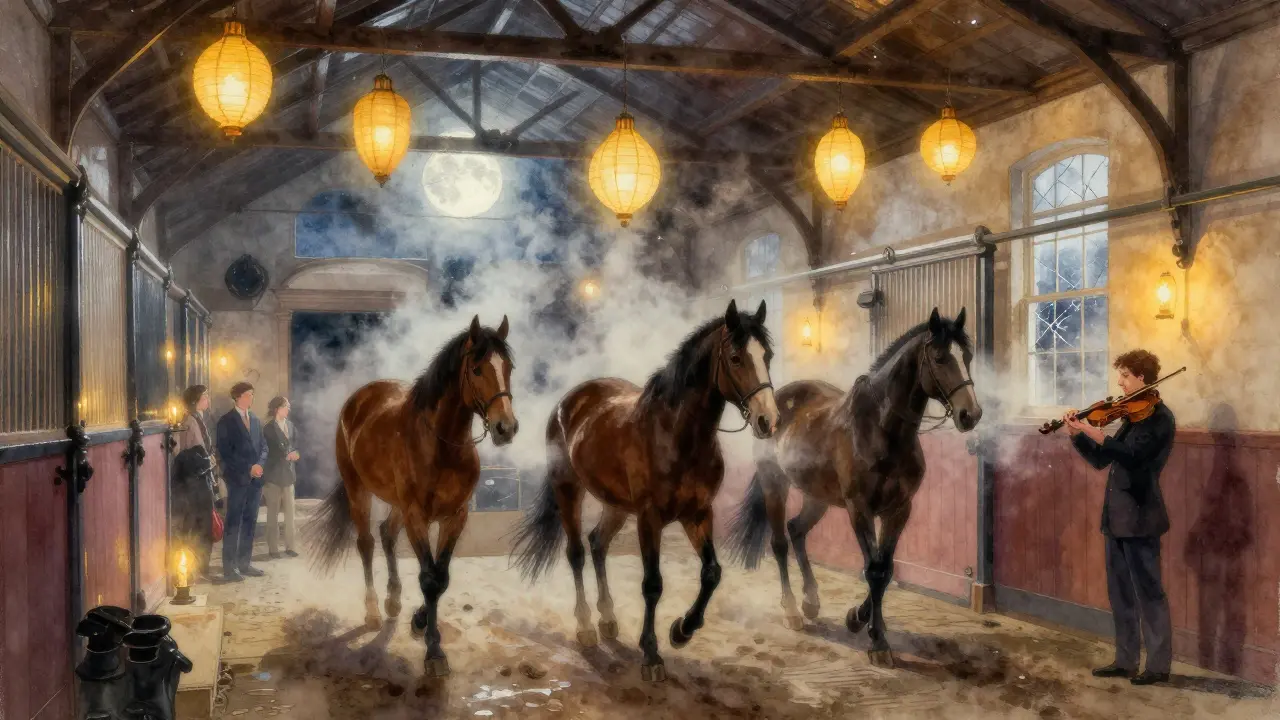 Menschen berühren ruhige Pferde in einem alten Stall, begleitet von Live-Violinmusik und sanftem Kerzenlicht.