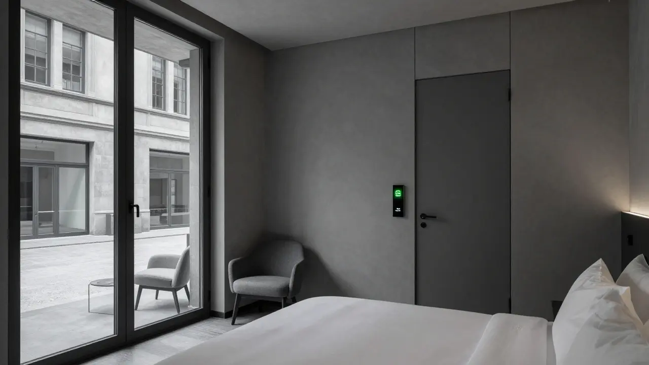 Modernes, minimalistisches Zimmer mit intelligenten Systemen und elektronischem 'Nicht stören'-Status in Mailand.