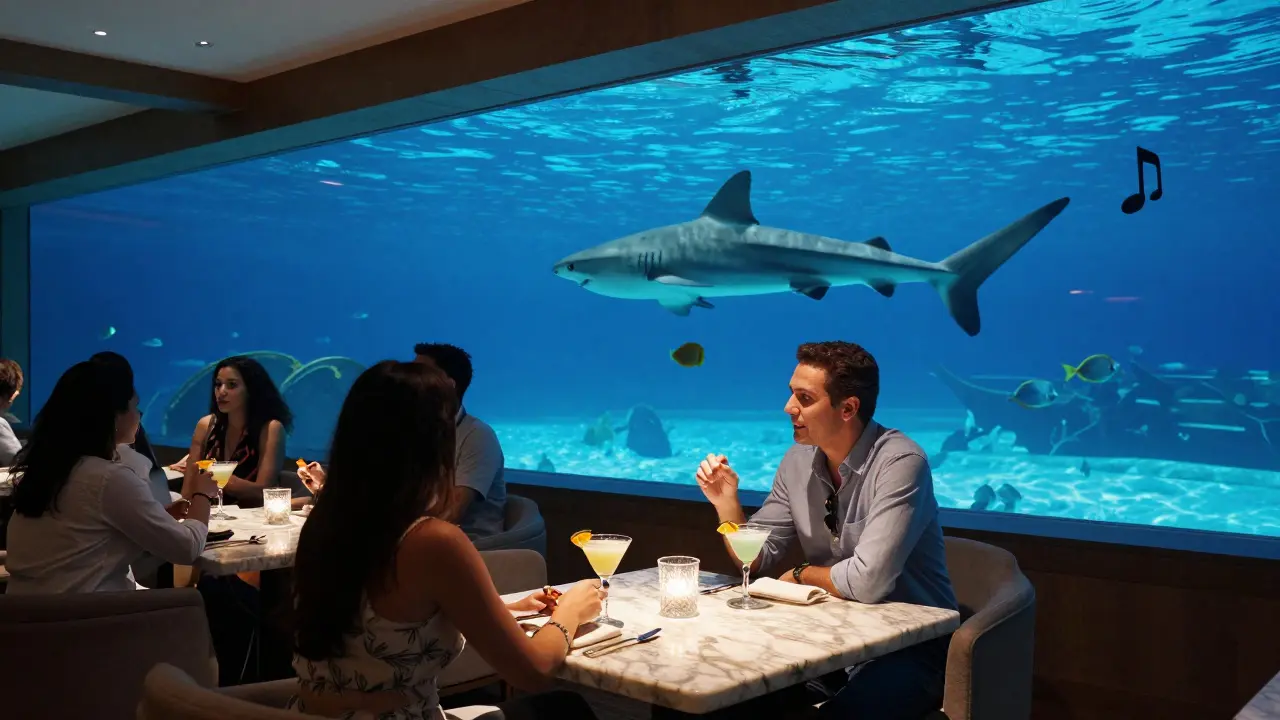 People networking in a tranquil underwater lounge with a massive aquarium, sharks swimming peacefully beside them.