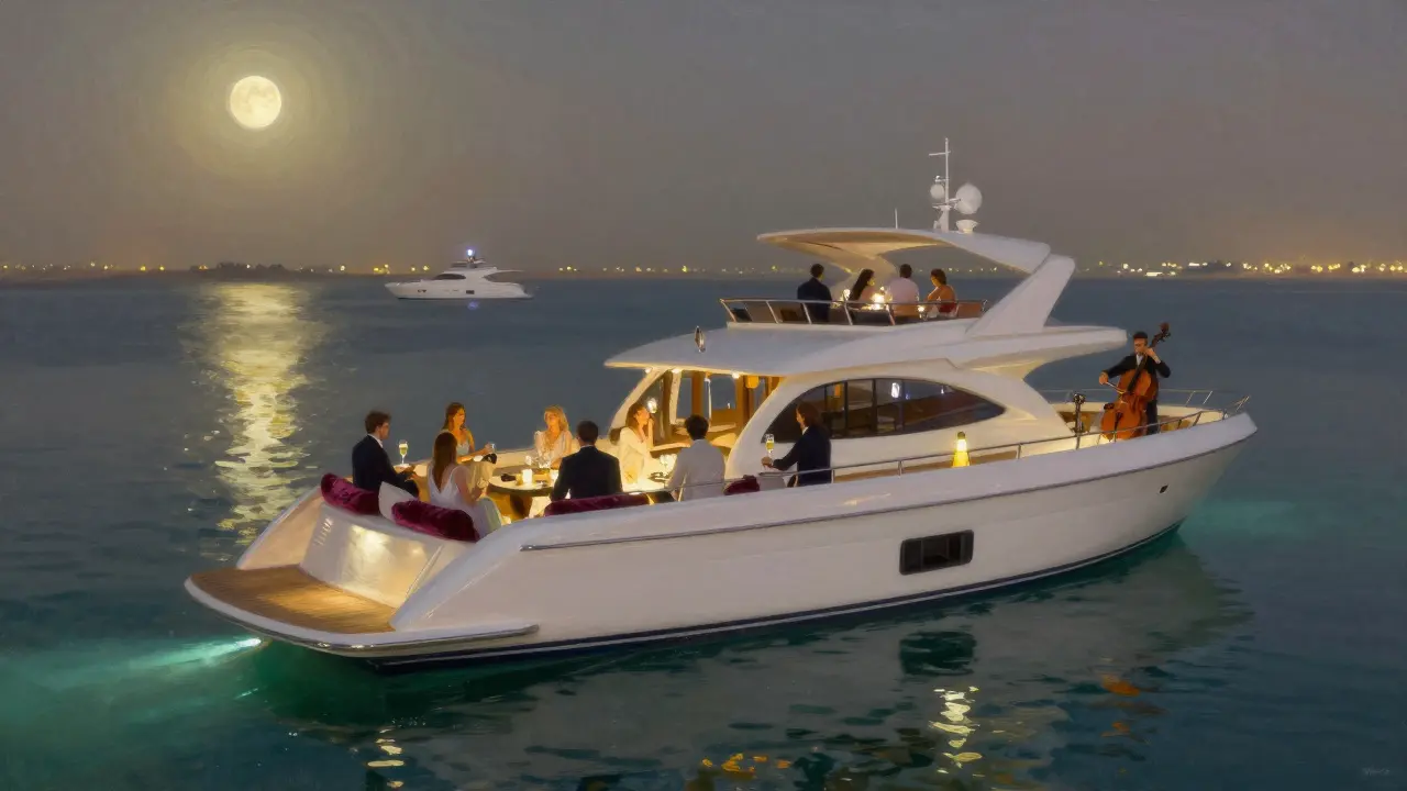 Privat-Yacht bei Nacht mit Live-Cello-Musik und Lichtreflexionen auf dem Wasser.