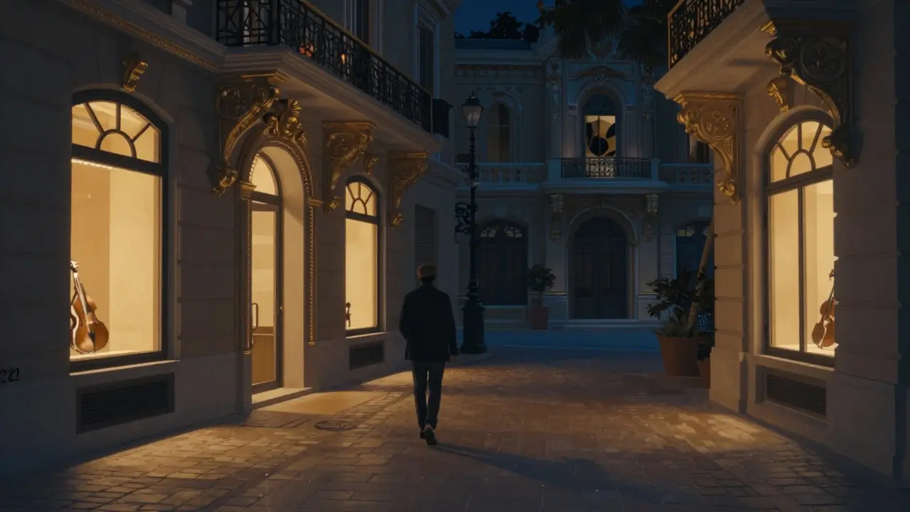 Stillen Nachtwanderung durch Monte-Carlo mit goldenen Fassaden und leiser Jazzmusik aus einem versteckten Club.