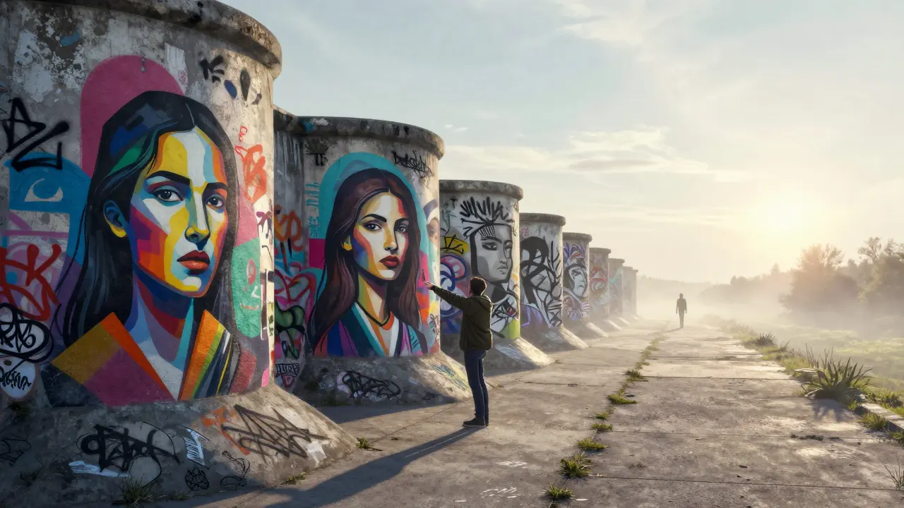 Street-Art-Mural auf Teufelsberg mit Porträt einer Frau, morgendlicher Nebel.