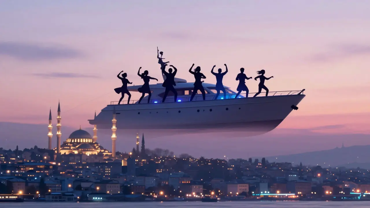 Surreal yacht party at dawn above Istanbul, blending electronic beats with traditional rhythms and sunrise sky.