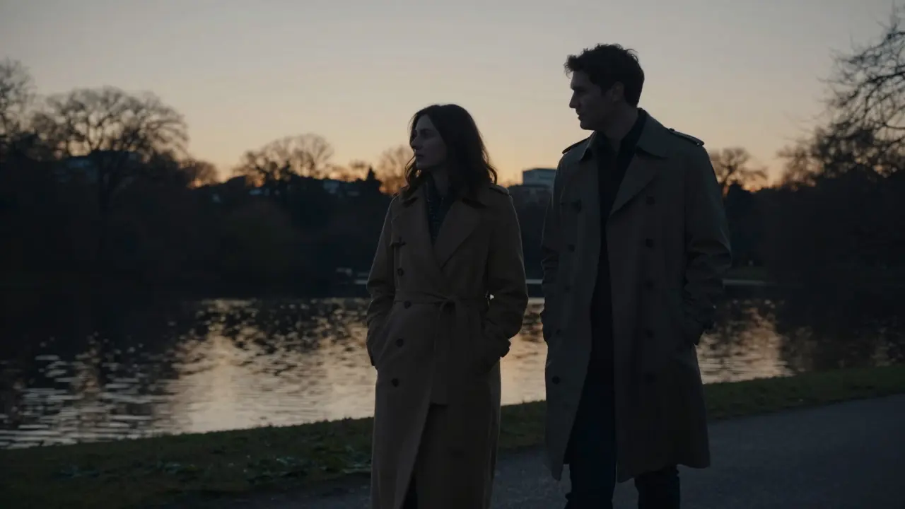 Zwei Menschen spazieren still durch Hyde Park bei Dämmerung, ohne Berührung, aber mit tiefer Verbundenheit.