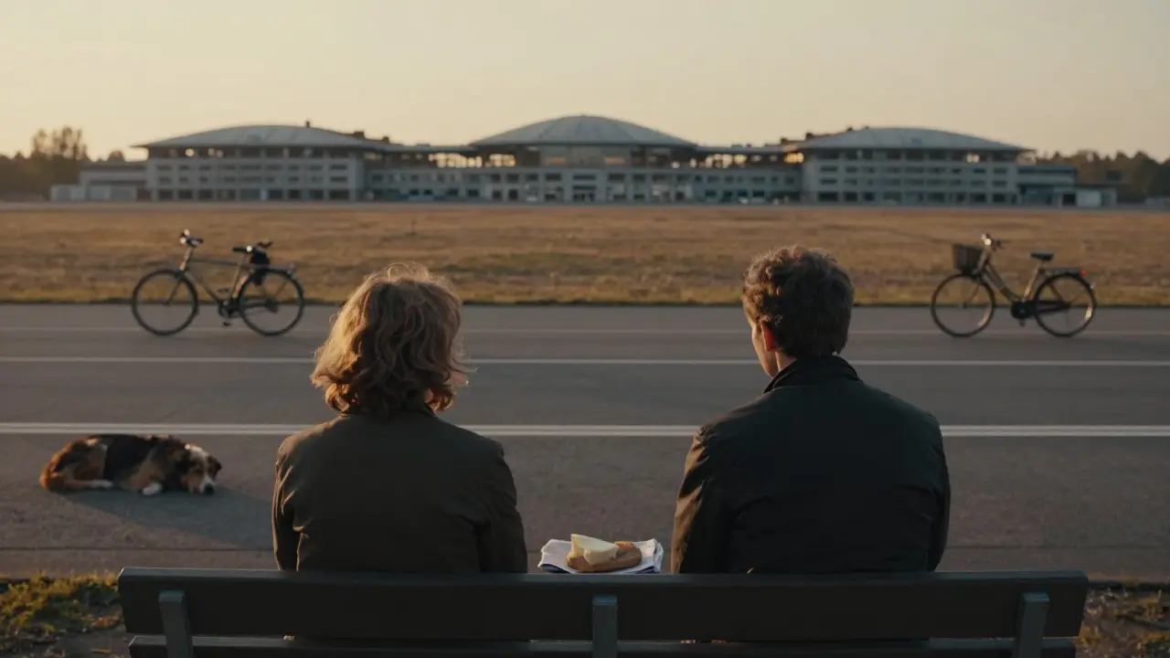 Zwei Personen auf einer Bank im Tempelhofer Feld bei Sonnenaufgang.