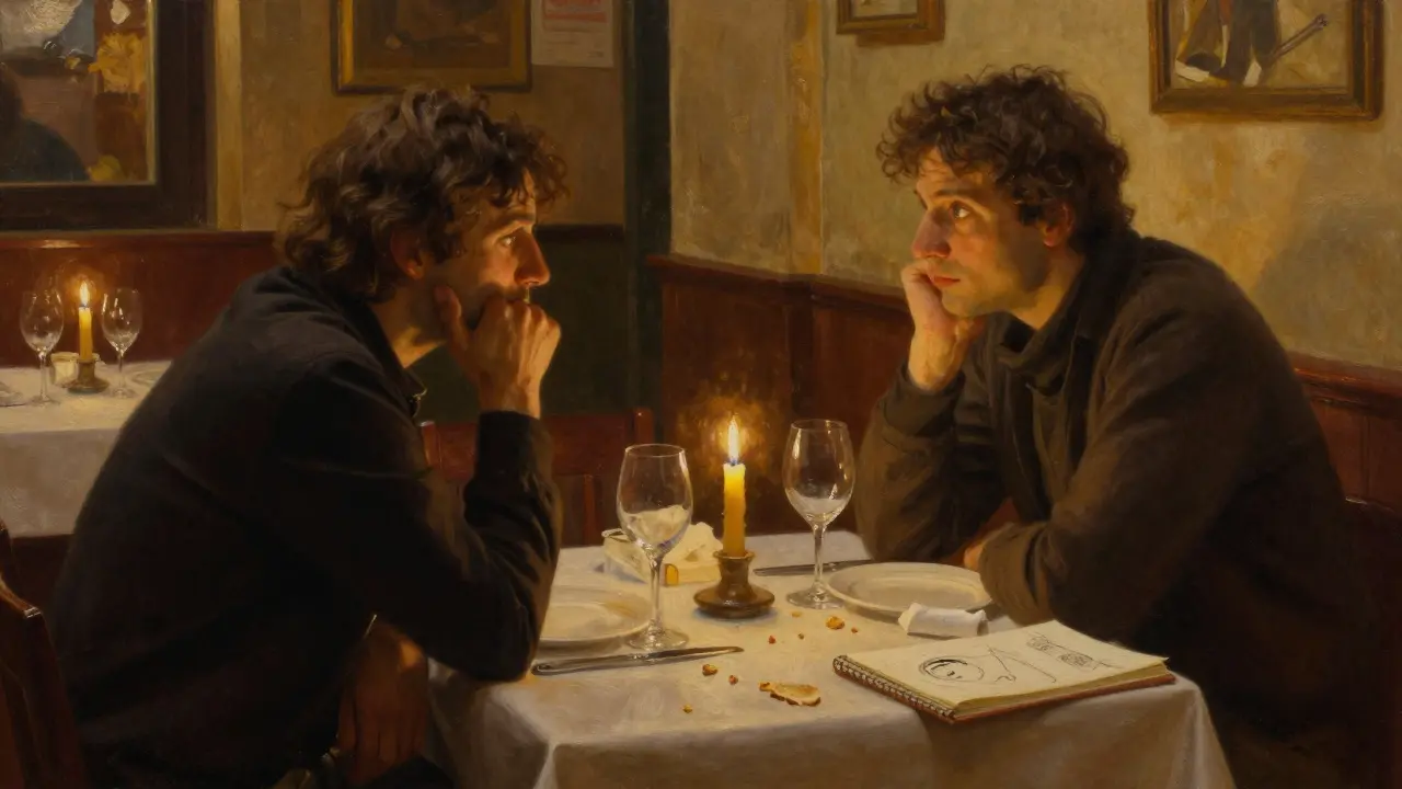 Zwei Personen bei einem intimen Abendessen in einem Brera-Restaurant, leise unterhalten sich im Kerzenschein.